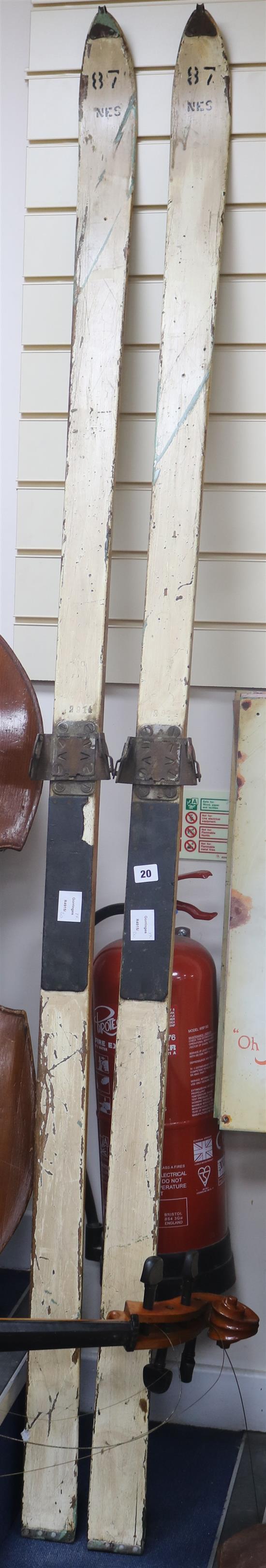 A pair of vintage wooden skis